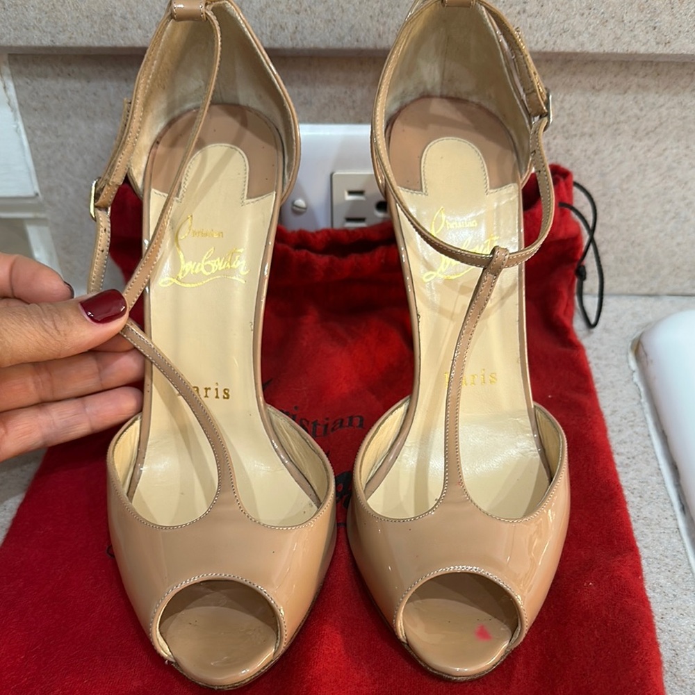 Christian Louboutin Tan Peep Toe Heels with Ankle Strap